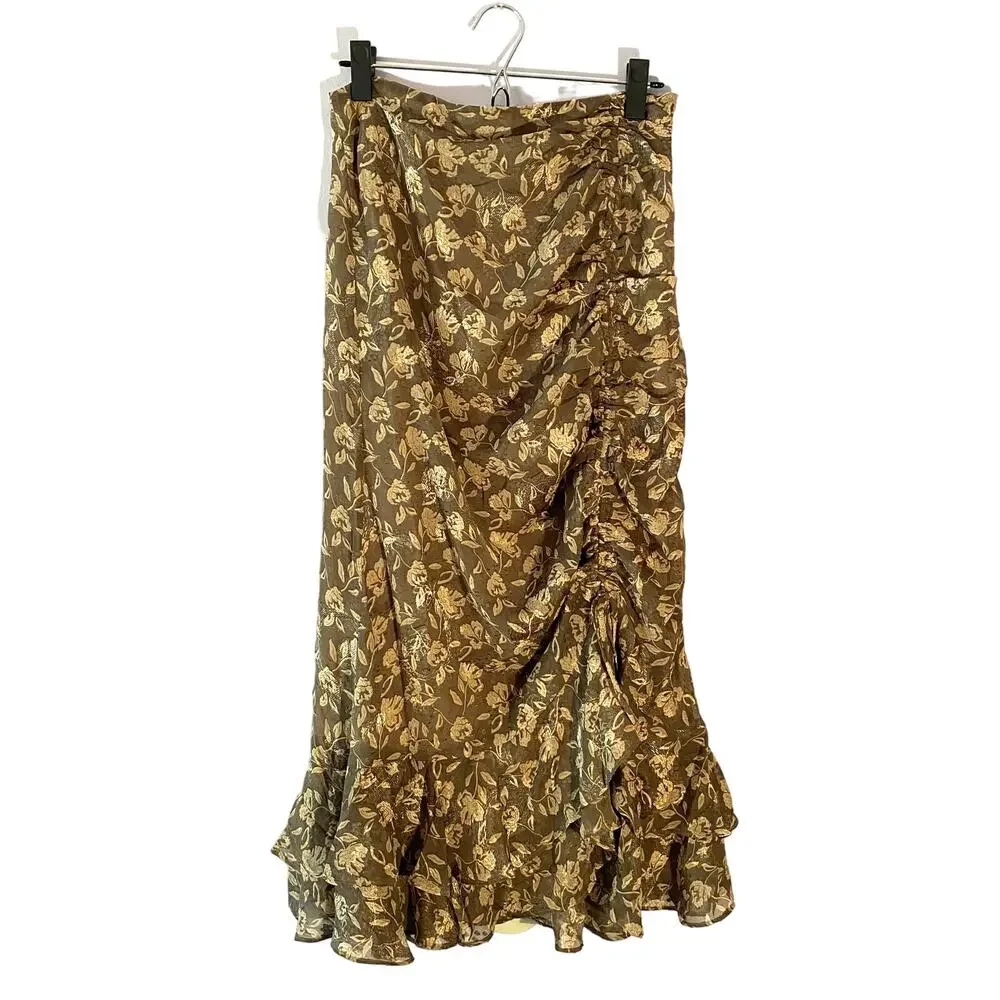NWT En Saison Whimsical Floral Brown Daphne Ruched Midi Skirt Women size Medium